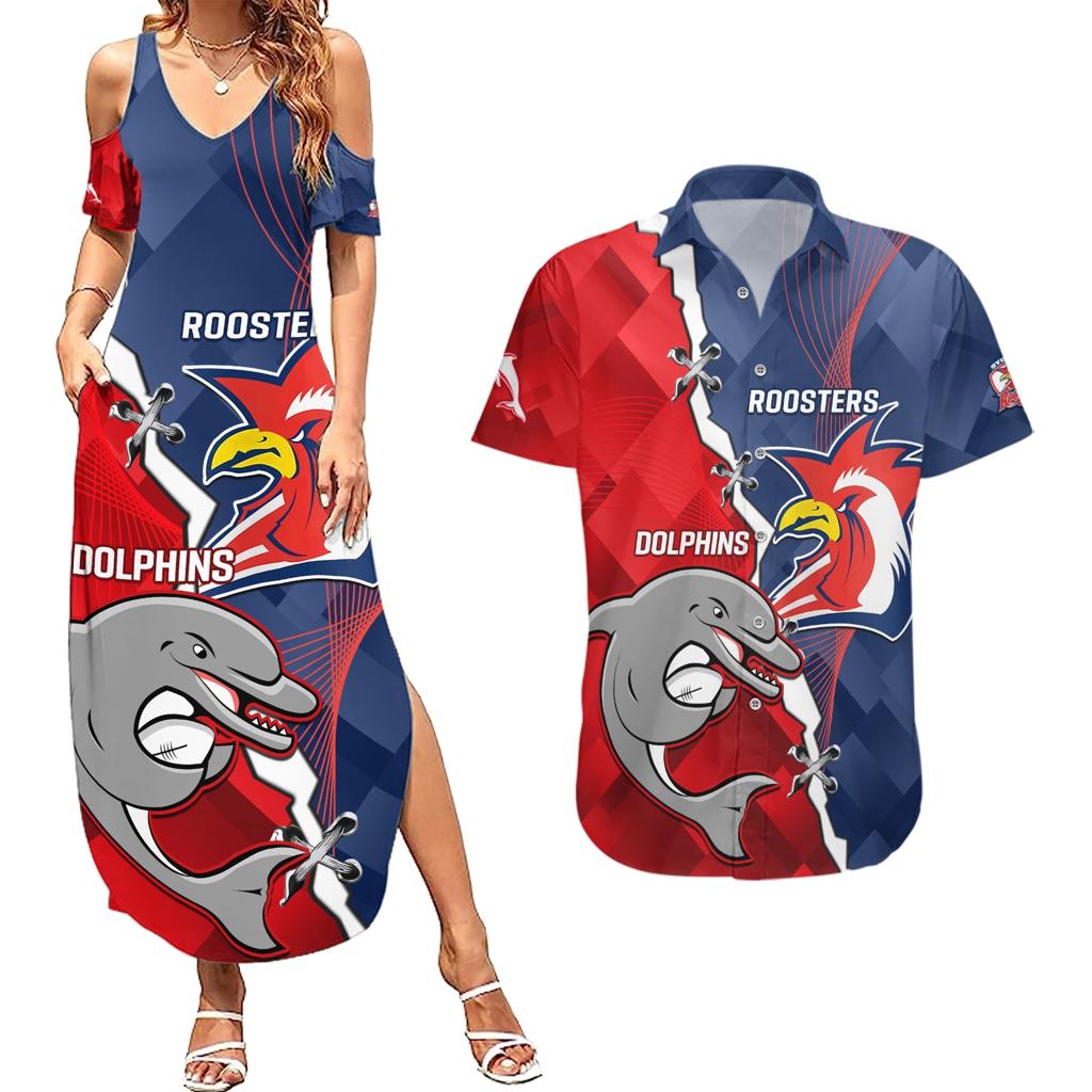 Personalised Dolphins And Roosters Rugby Couples Matching Summer Maxi Dress and Hawaiian Shirt NRL Sporty Style