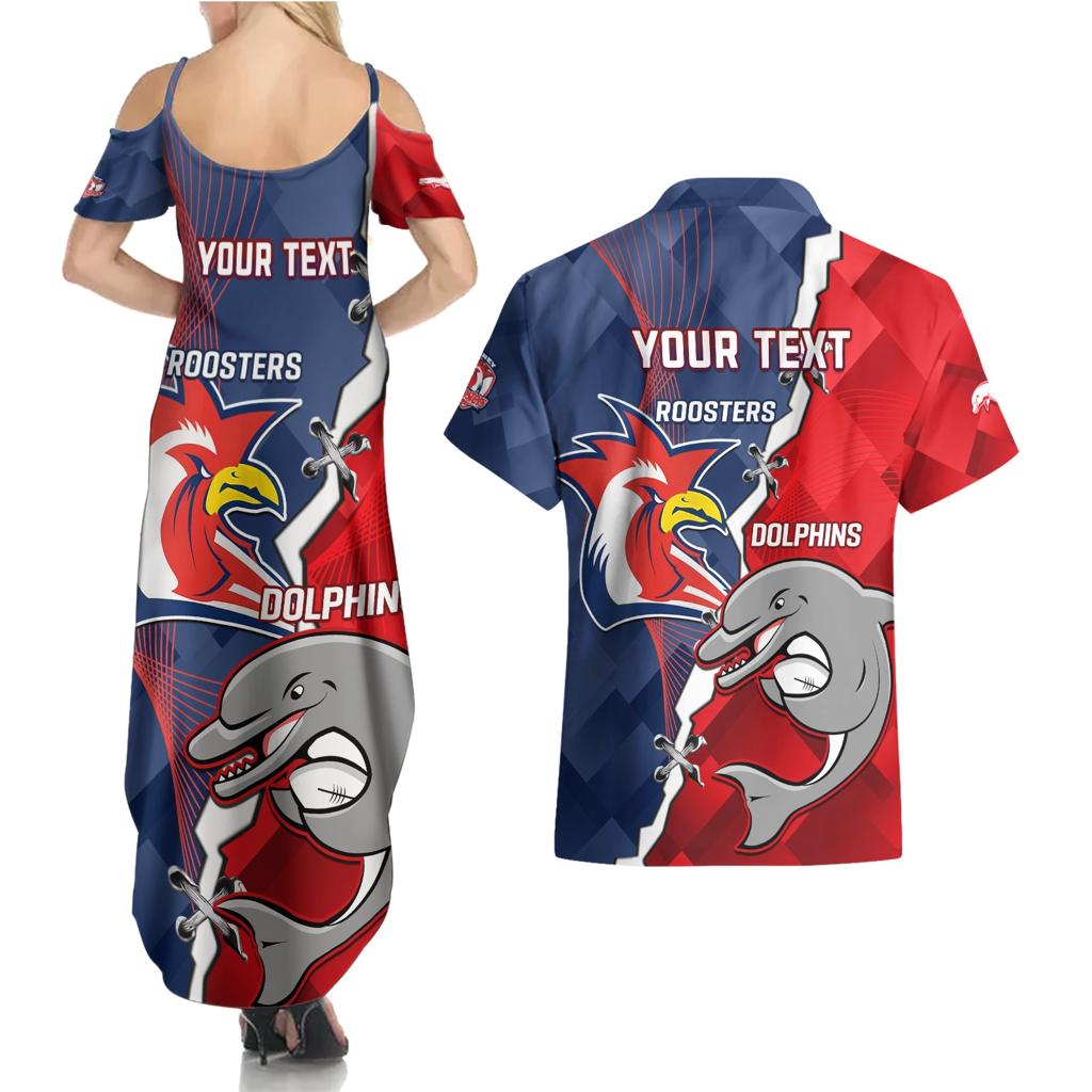 Personalised Dolphins And Roosters Rugby Couples Matching Summer Maxi Dress and Hawaiian Shirt NRL Sporty Style