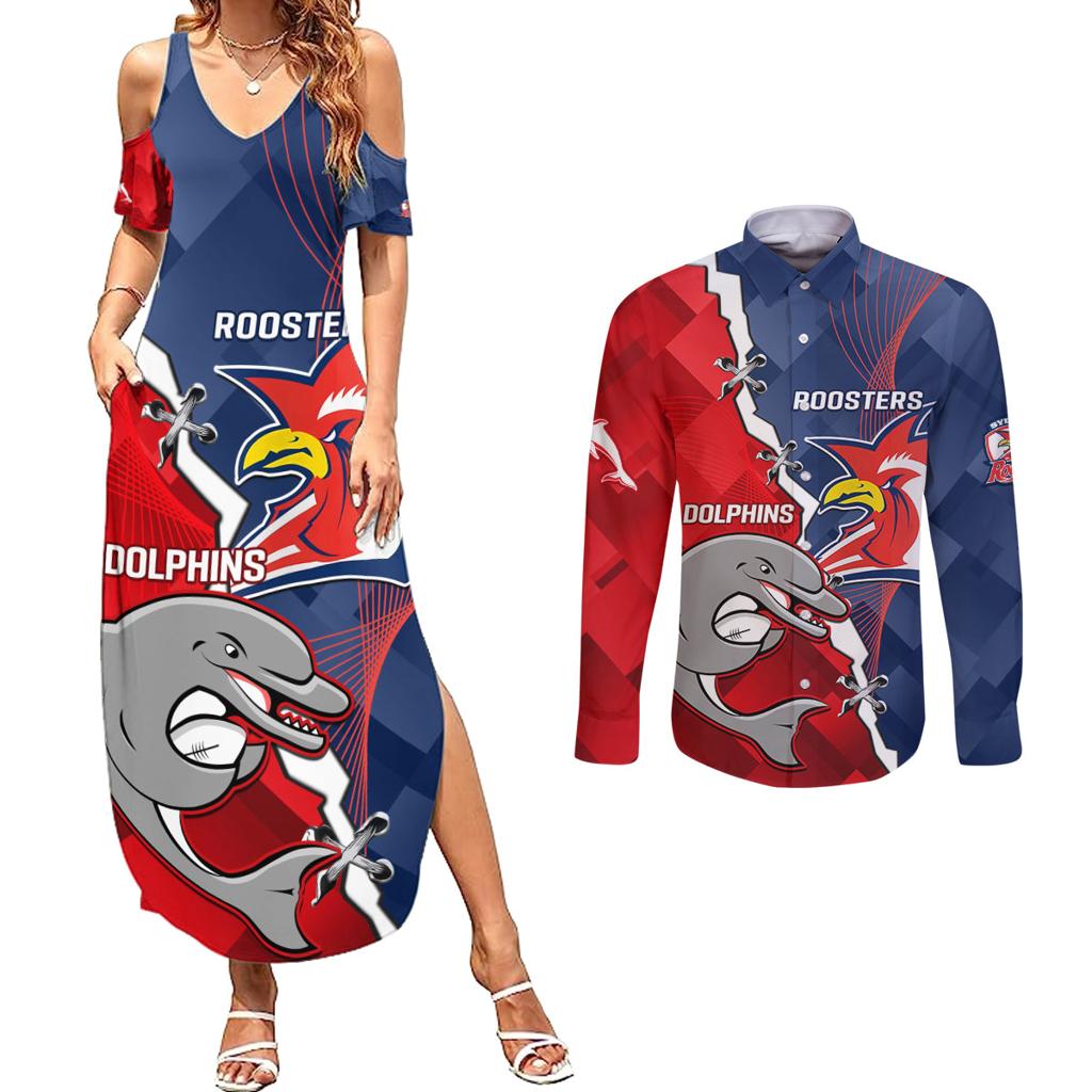 Personalised Dolphins And Roosters Rugby Couples Matching Summer Maxi Dress and Long Sleeve Button Shirt NRL Sporty Style