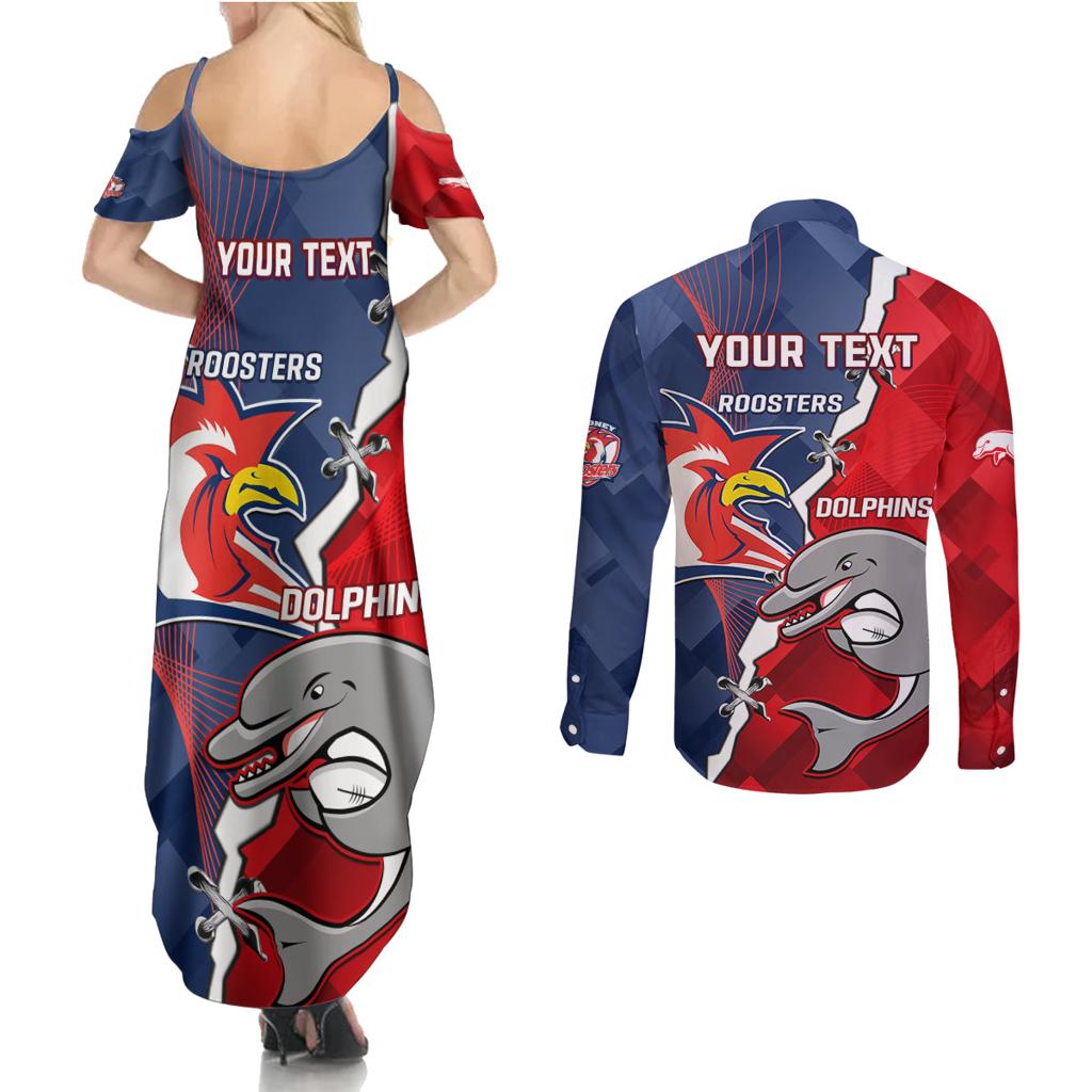 Personalised Dolphins And Roosters Rugby Couples Matching Summer Maxi Dress and Long Sleeve Button Shirt NRL Sporty Style