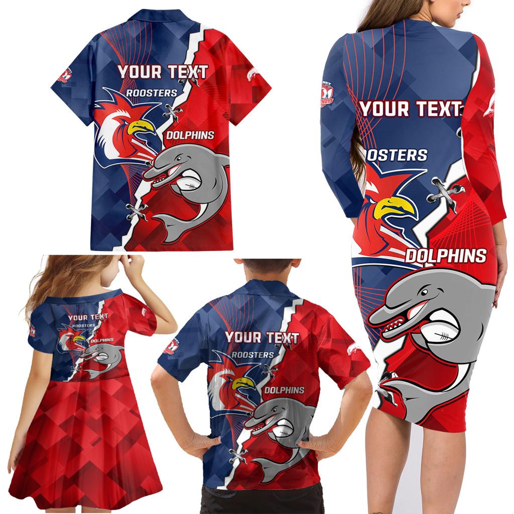 Personalised Dolphins And Roosters Rugby Family Matching Long Sleeve Bodycon Dress and Hawaiian Shirt NRL Sporty Style