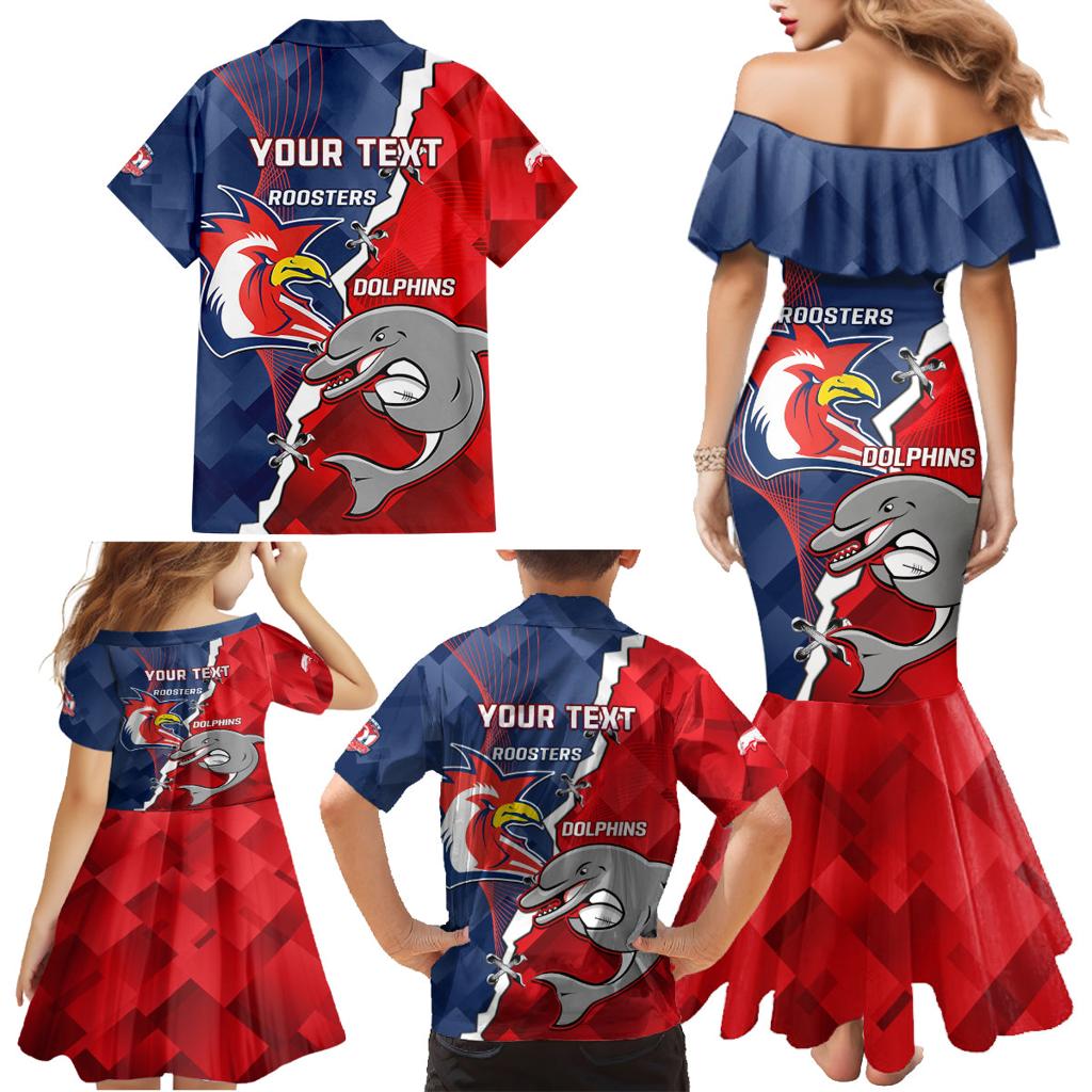 Personalised Dolphins And Roosters Rugby Family Matching Mermaid Dress and Hawaiian Shirt NRL Sporty Style