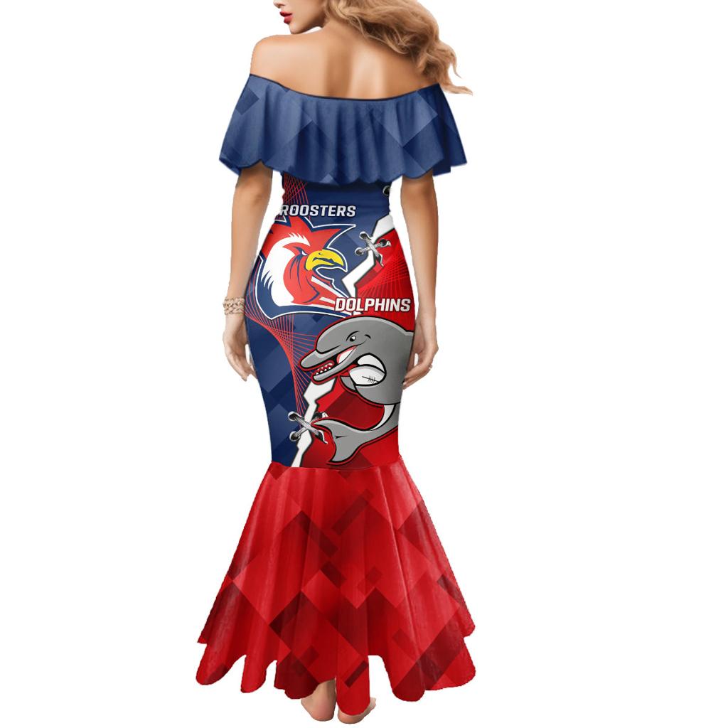 Personalised Dolphins And Roosters Rugby Family Matching Mermaid Dress and Hawaiian Shirt NRL Sporty Style
