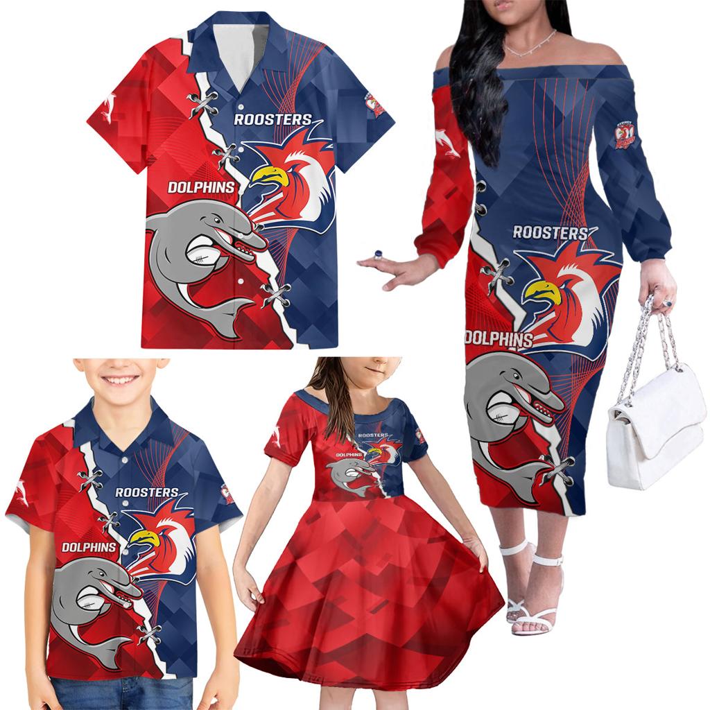 Personalised Dolphins And Roosters Rugby Family Matching Off Shoulder Long Sleeve Dress and Hawaiian Shirt NRL Sporty Style