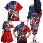 Personalised Dolphins And Roosters Rugby Family Matching Off Shoulder Long Sleeve Dress and Hawaiian Shirt NRL Sporty Style
