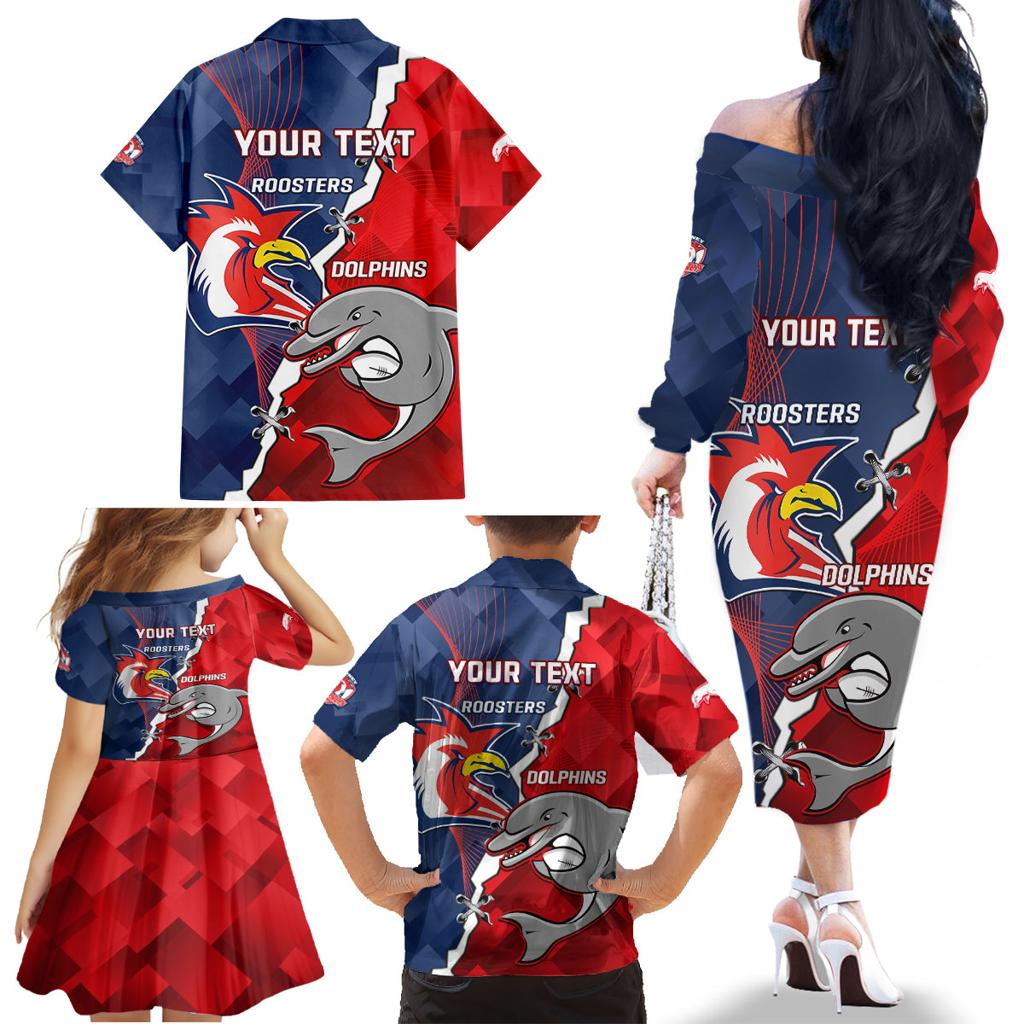 Personalised Dolphins And Roosters Rugby Family Matching Off Shoulder Long Sleeve Dress and Hawaiian Shirt NRL Sporty Style