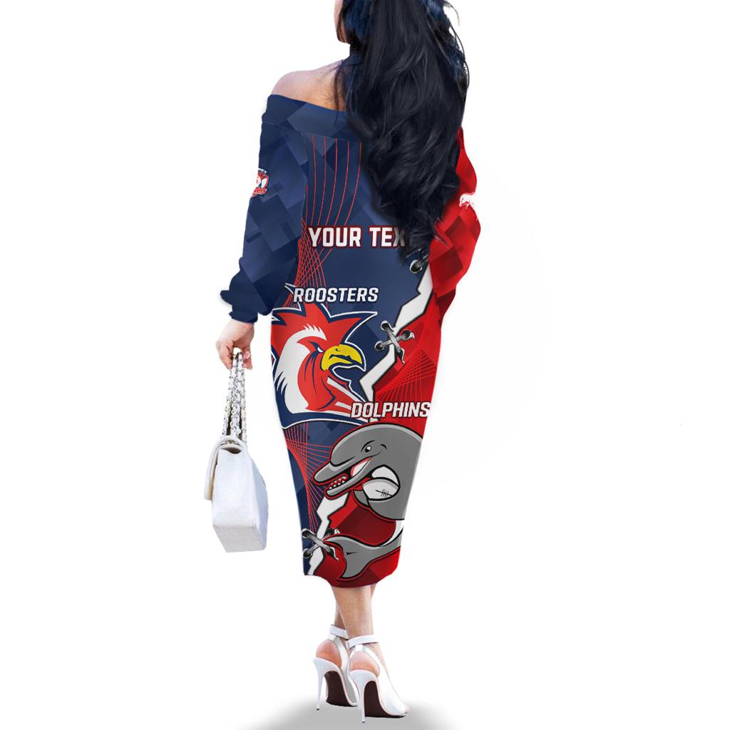 Personalised Dolphins And Roosters Rugby Family Matching Off Shoulder Long Sleeve Dress and Hawaiian Shirt NRL Sporty Style