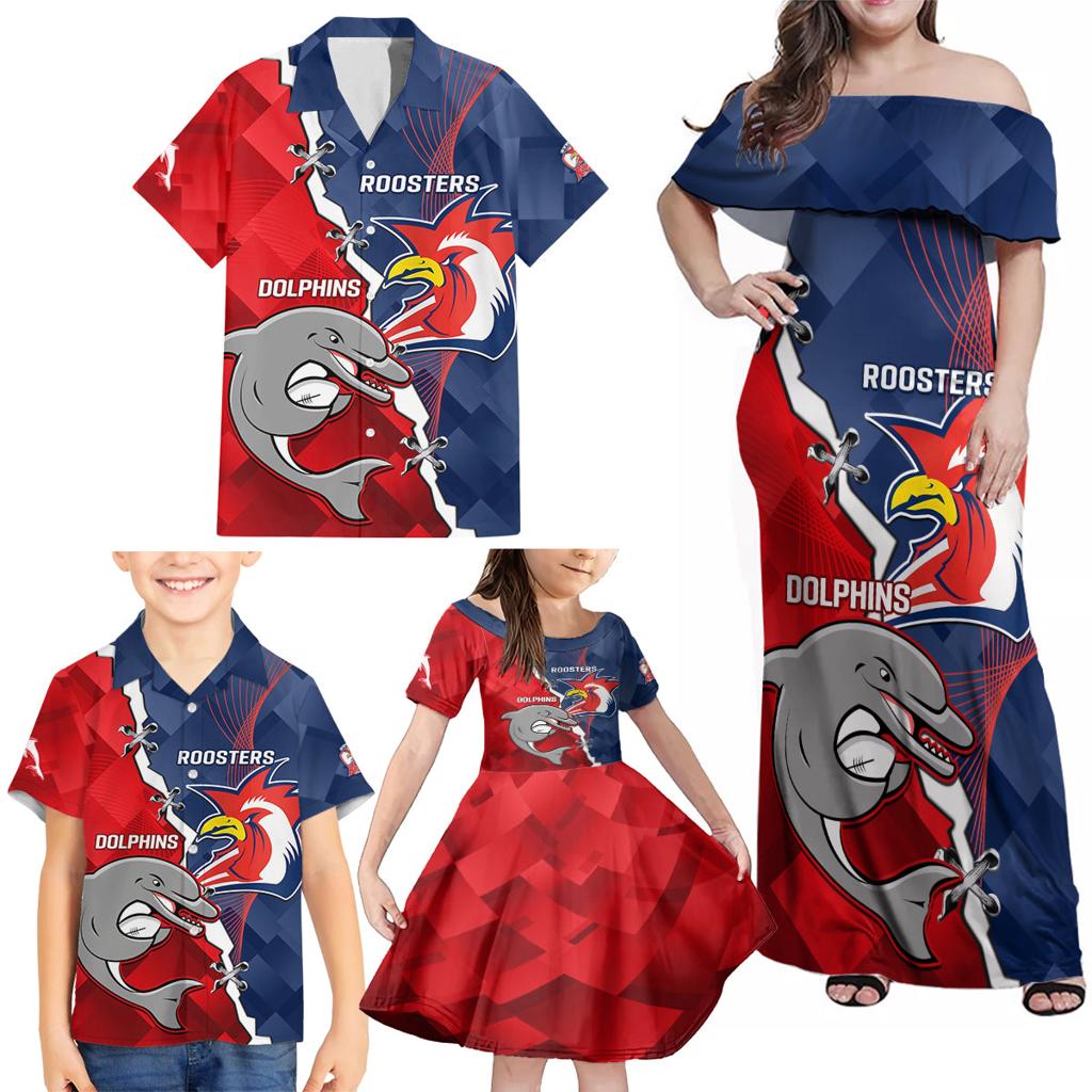 Personalised Dolphins And Roosters Rugby Family Matching Off Shoulder Maxi Dress and Hawaiian Shirt NRL Sporty Style