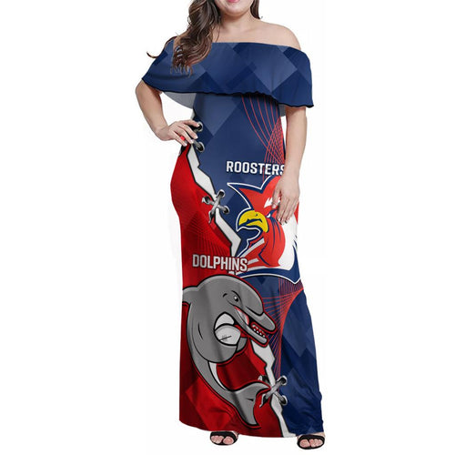 Personalised Dolphins And Roosters Rugby Family Matching Off Shoulder Maxi Dress and Hawaiian Shirt NRL Sporty Style
