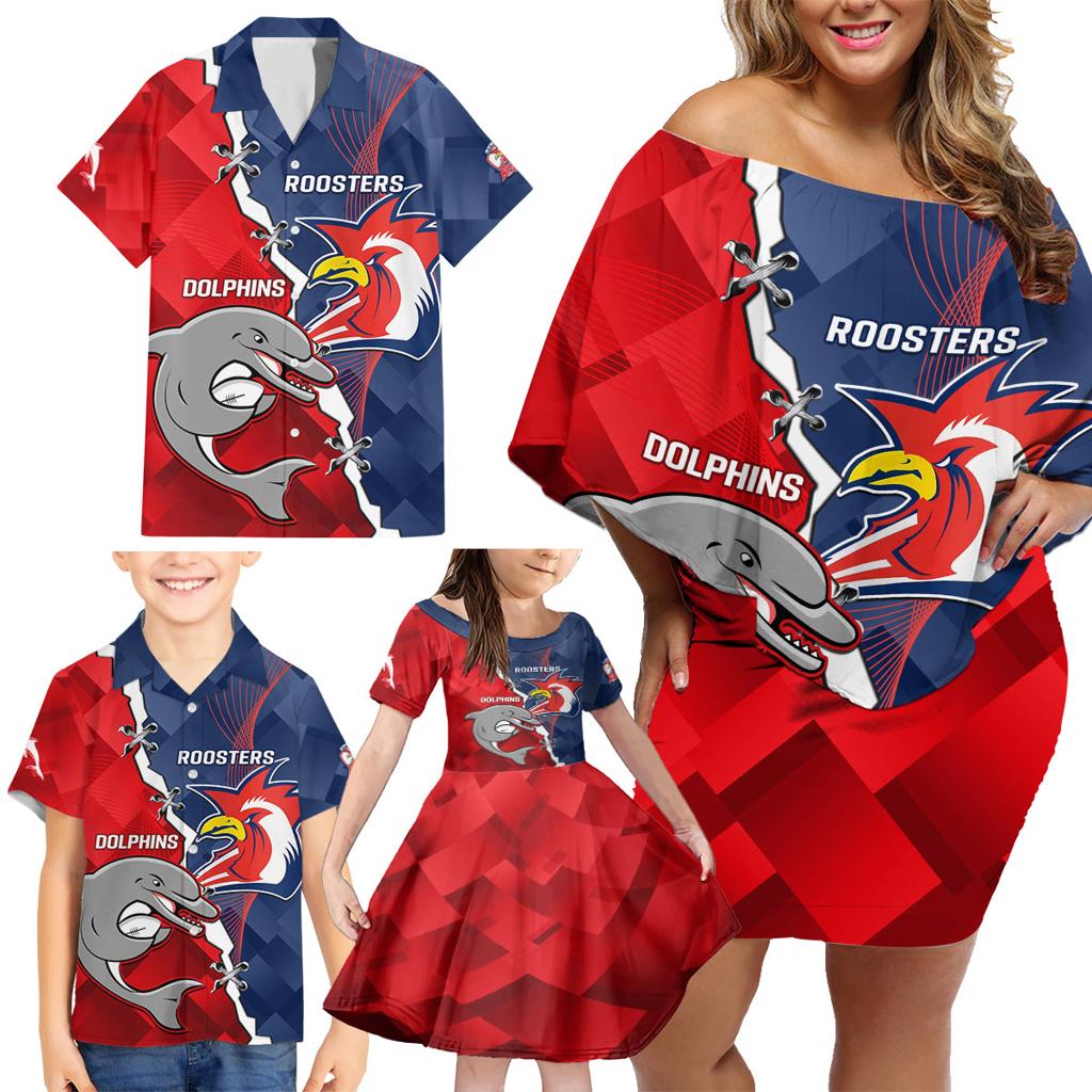 Personalised Dolphins And Roosters Rugby Family Matching Off Shoulder Short Dress and Hawaiian Shirt NRL Sporty Style