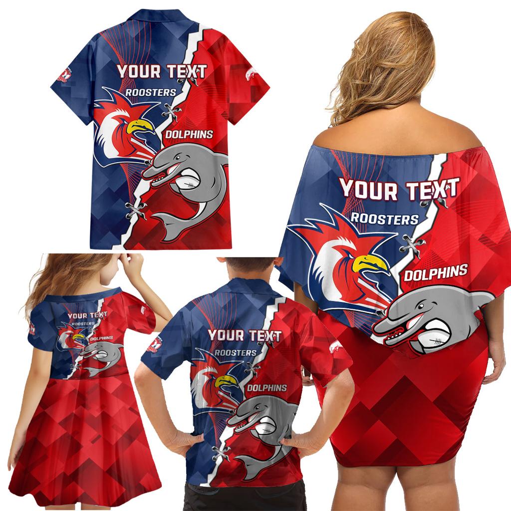 Personalised Dolphins And Roosters Rugby Family Matching Off Shoulder Short Dress and Hawaiian Shirt NRL Sporty Style