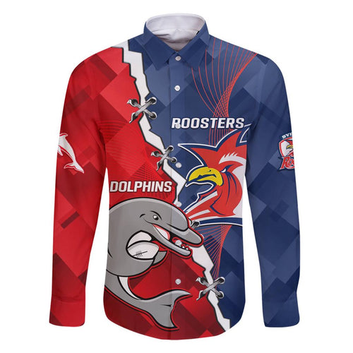 Personalised Dolphins And Roosters Rugby Family Matching Off Shoulder Short Dress and Hawaiian Shirt NRL Sporty Style
