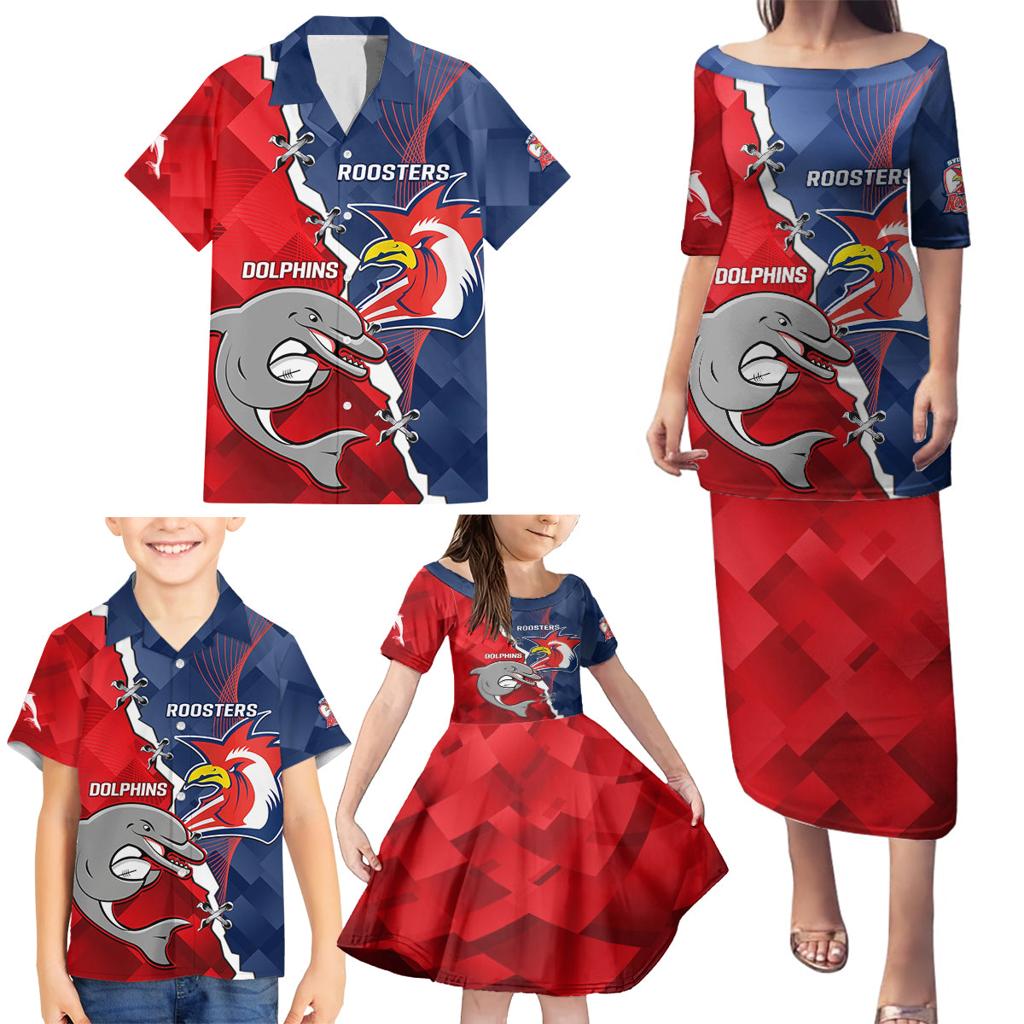 Personalised Dolphins And Roosters Rugby Family Matching Puletasi and Hawaiian Shirt NRL Sporty Style