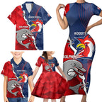 Personalised Dolphins And Roosters Rugby Family Matching Short Sleeve Bodycon Dress and Hawaiian Shirt NRL Sporty Style