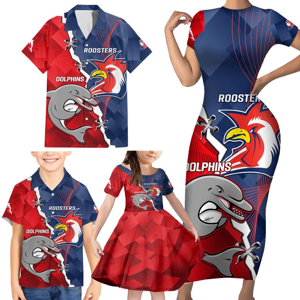 Personalised Dolphins And Roosters Rugby Family Matching Short Sleeve Bodycon Dress and Hawaiian Shirt NRL Sporty Style