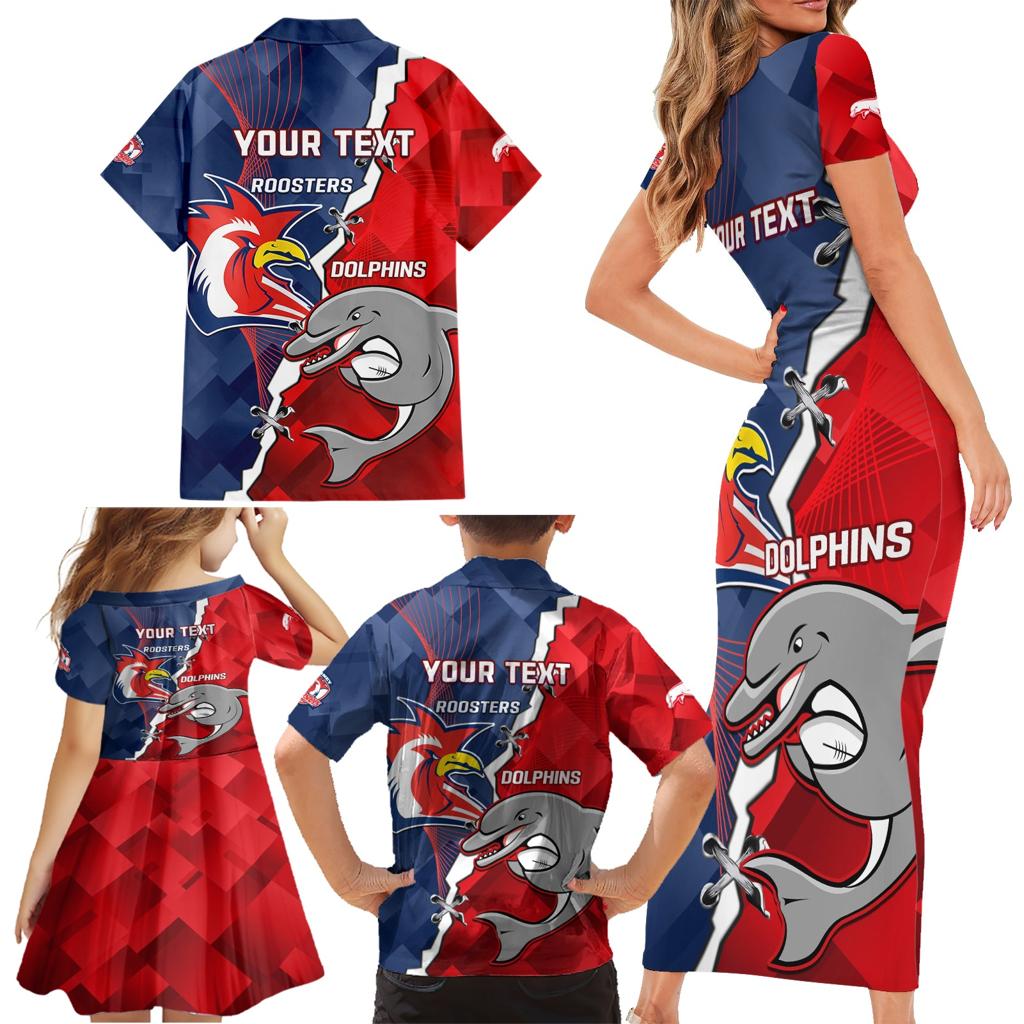 Personalised Dolphins And Roosters Rugby Family Matching Short Sleeve Bodycon Dress and Hawaiian Shirt NRL Sporty Style