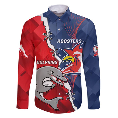 Personalised Dolphins And Roosters Rugby Family Matching Short Sleeve Bodycon Dress and Hawaiian Shirt NRL Sporty Style