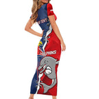 Personalised Dolphins And Roosters Rugby Family Matching Short Sleeve Bodycon Dress and Hawaiian Shirt NRL Sporty Style