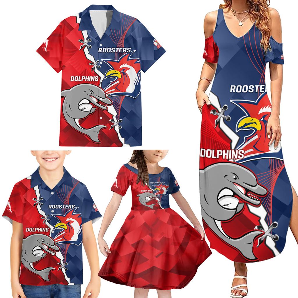 Personalised Dolphins And Roosters Rugby Family Matching Summer Maxi Dress and Hawaiian Shirt NRL Sporty Style