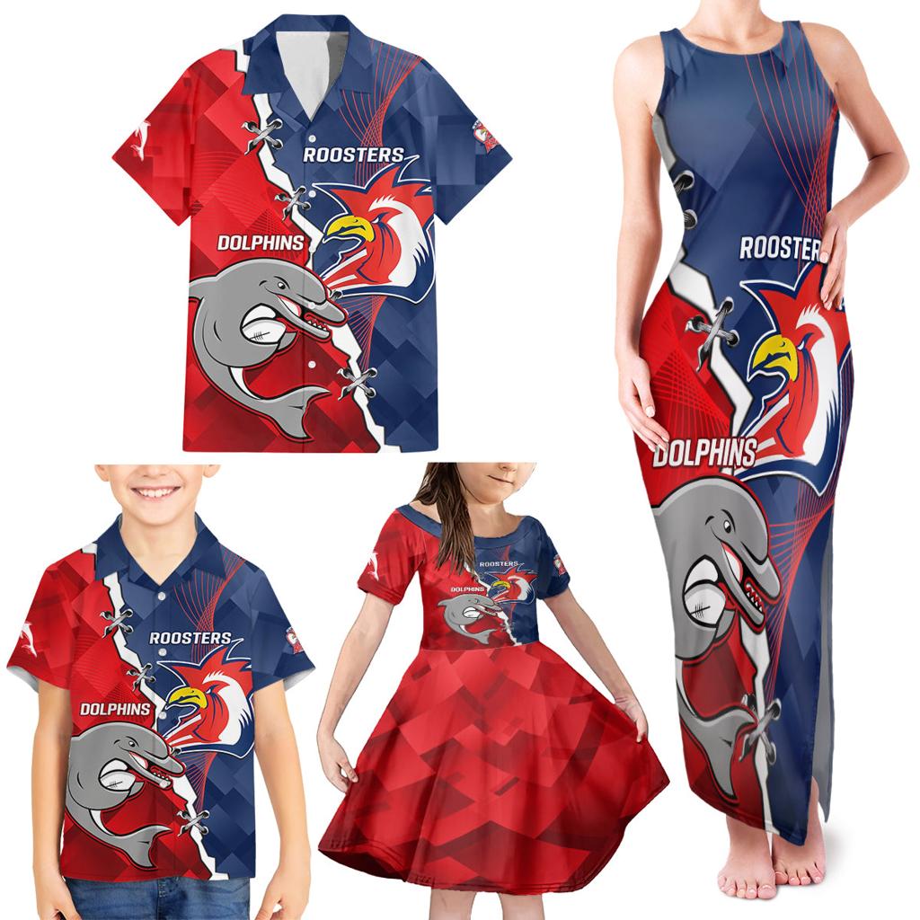 Personalised Dolphins And Roosters Rugby Family Matching Tank Maxi Dress and Hawaiian Shirt NRL Sporty Style