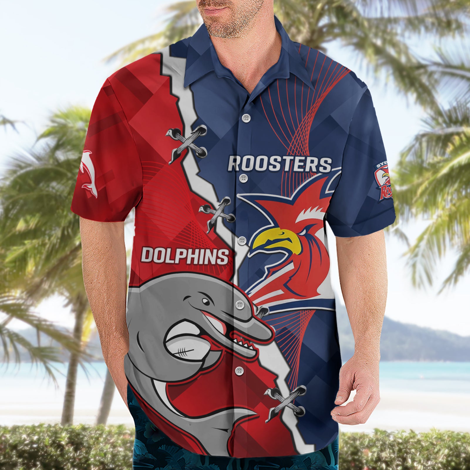 Personalised Dolphins And Roosters Rugby Hawaiian Shirt NRL Sporty Style