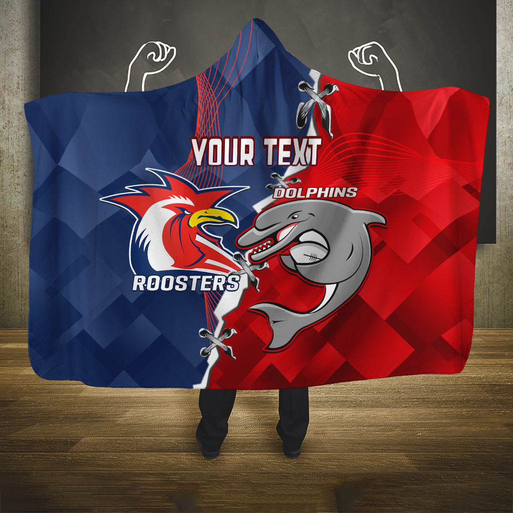 Personalised Dolphins And Roosters Rugby Hooded Blanket NRL Sporty Style