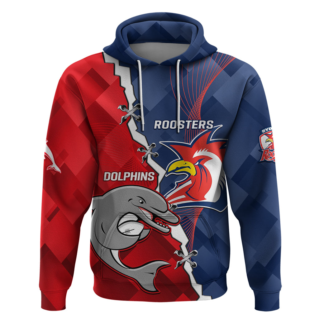 Personalised Dolphins And Roosters Rugby Hoodie NRL Sporty Style