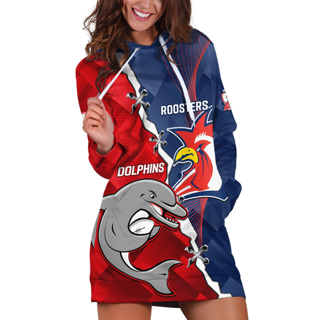 Personalised Dolphins And Roosters Rugby Hoodie Dress NRL Sporty Style