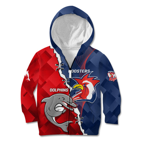 Personalised Dolphins And Roosters Rugby Kid Hoodie NRL Sporty Style