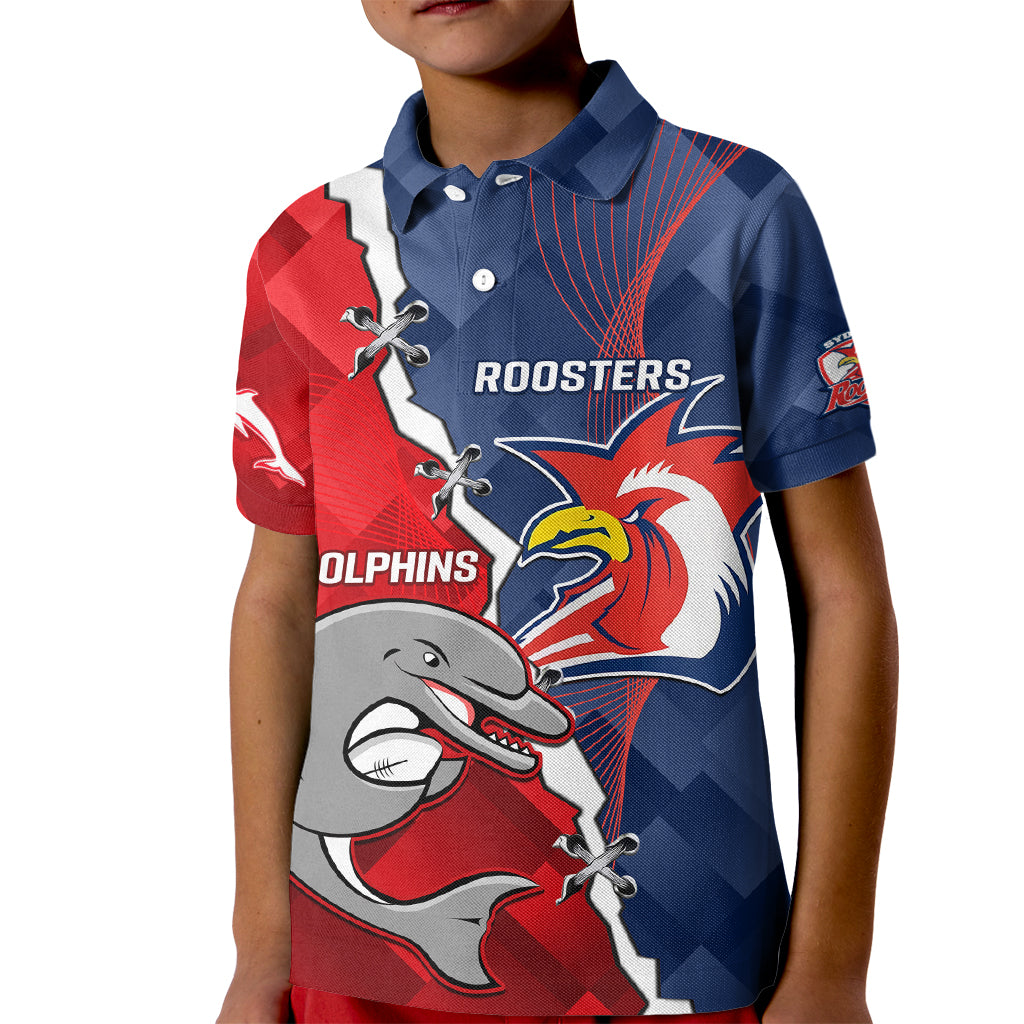 Personalised Dolphins And Roosters Rugby Kid Polo Shirt NRL Sporty Style