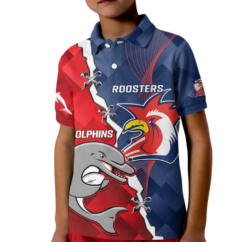 Personalised Dolphins And Roosters Rugby Kid Polo Shirt NRL Sporty Style