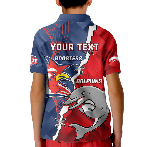 Personalised Dolphins And Roosters Rugby Kid Polo Shirt NRL Sporty Style