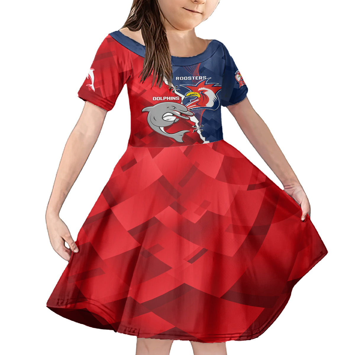 Personalised Dolphins And Roosters Rugby Kid Short Sleeve Dress NRL Sporty Style
