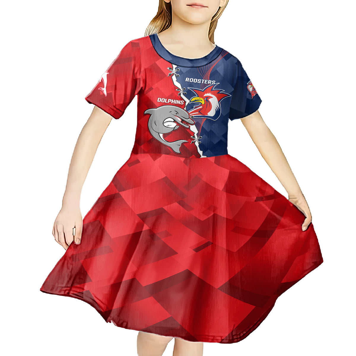 Personalised Dolphins And Roosters Rugby Kid Short Sleeve Dress NRL Sporty Style