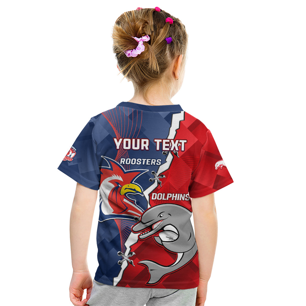 Personalised Dolphins And Roosters Rugby Kid T Shirt NRL Sporty Style