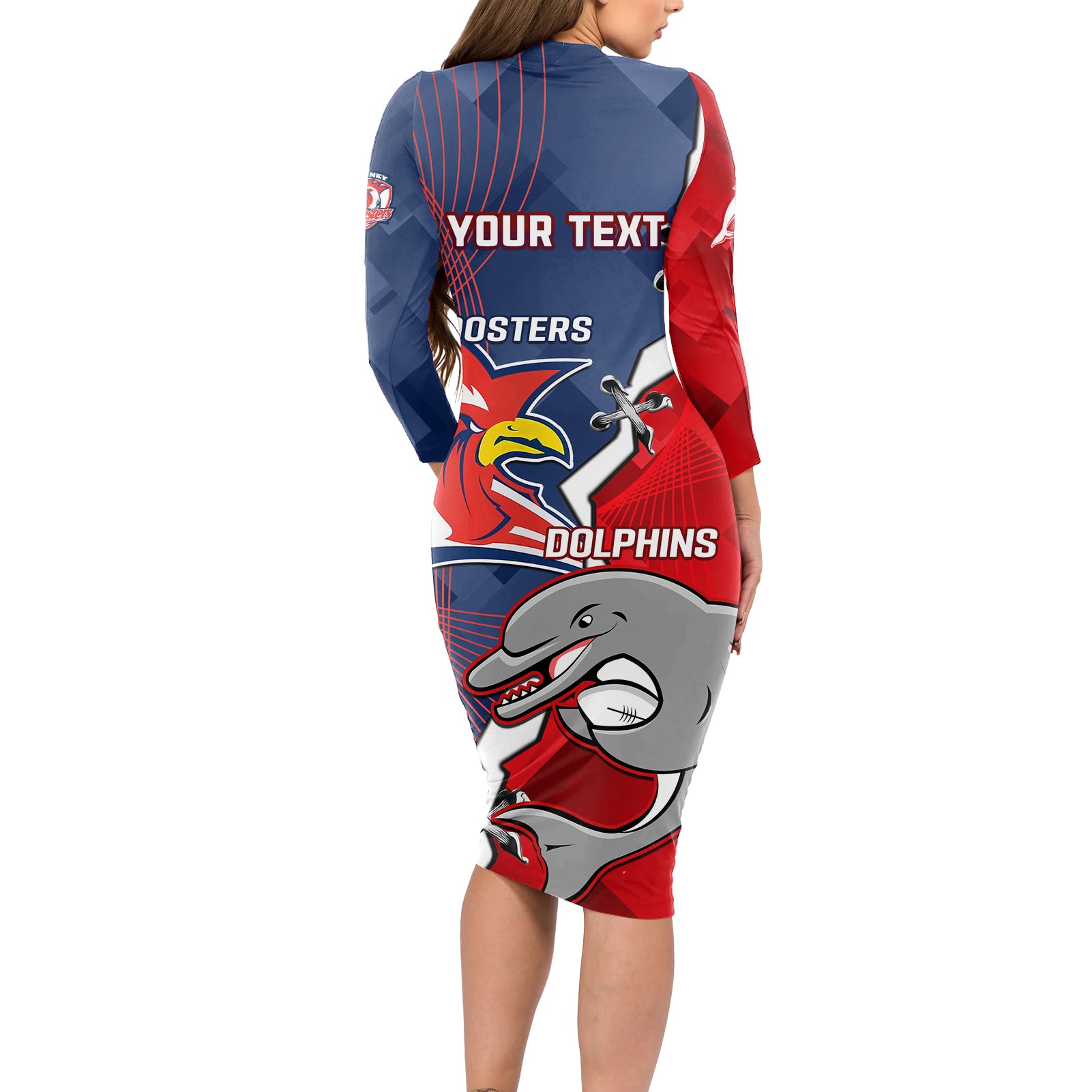 Personalised Dolphins And Roosters Rugby Long Sleeve Bodycon Dress NRL Sporty Style