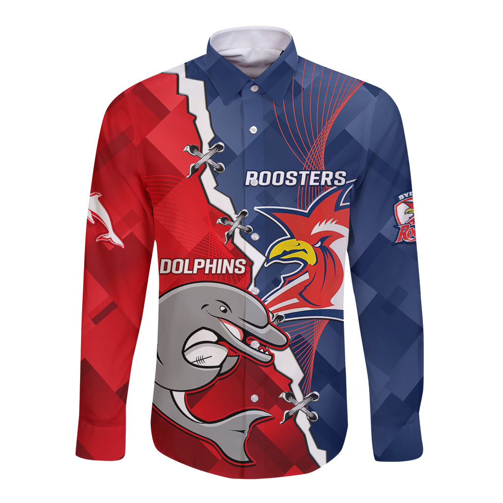 Personalised Dolphins And Roosters Rugby Long Sleeve Button Shirt NRL Sporty Style