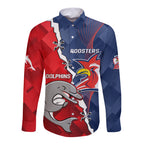Personalised Dolphins And Roosters Rugby Long Sleeve Button Shirt NRL Sporty Style