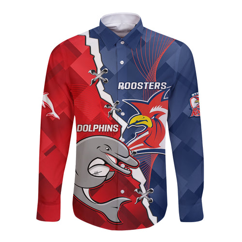 Personalised Dolphins And Roosters Rugby Long Sleeve Button Shirt NRL Sporty Style