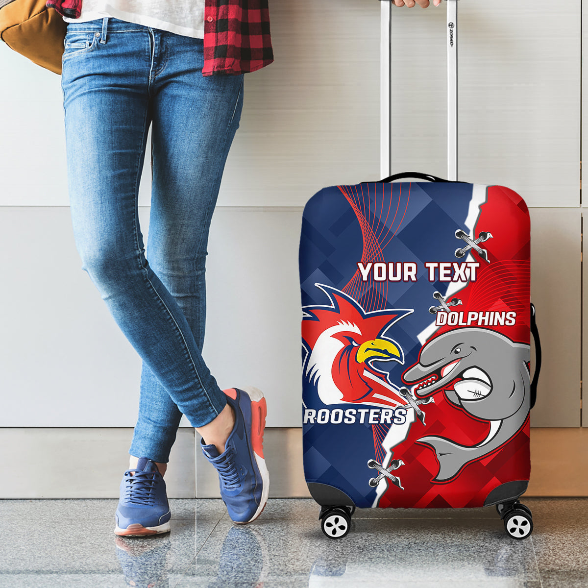 Personalised Dolphins And Roosters Rugby Luggage Cover NRL Sporty Style