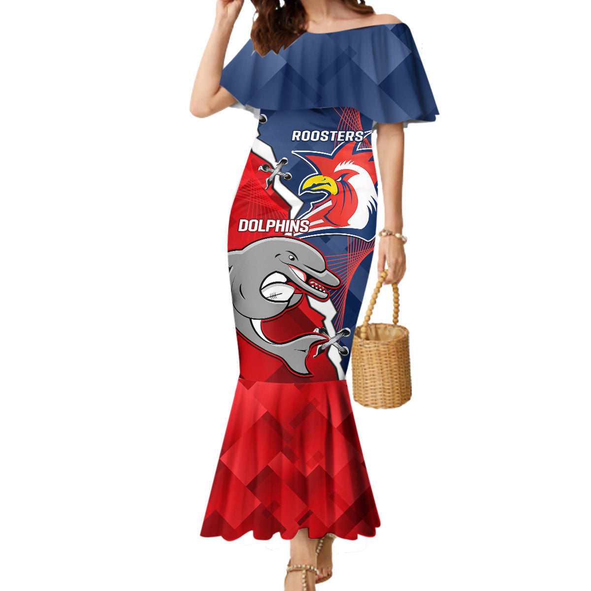 Personalised Dolphins And Roosters Rugby Mermaid Dress NRL Sporty Style