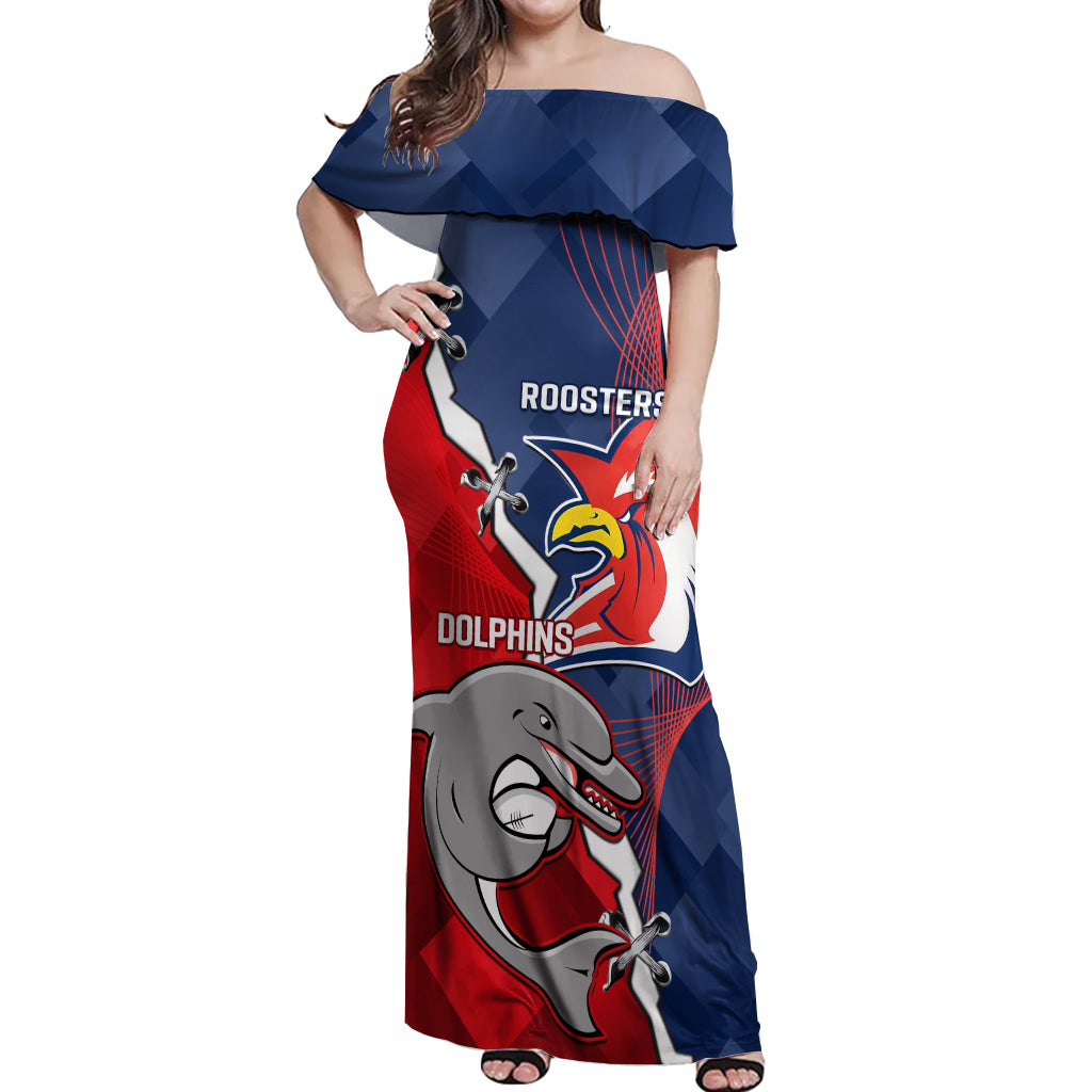 Personalised Dolphins And Roosters Rugby Off Shoulder Maxi Dress NRL Sporty Style