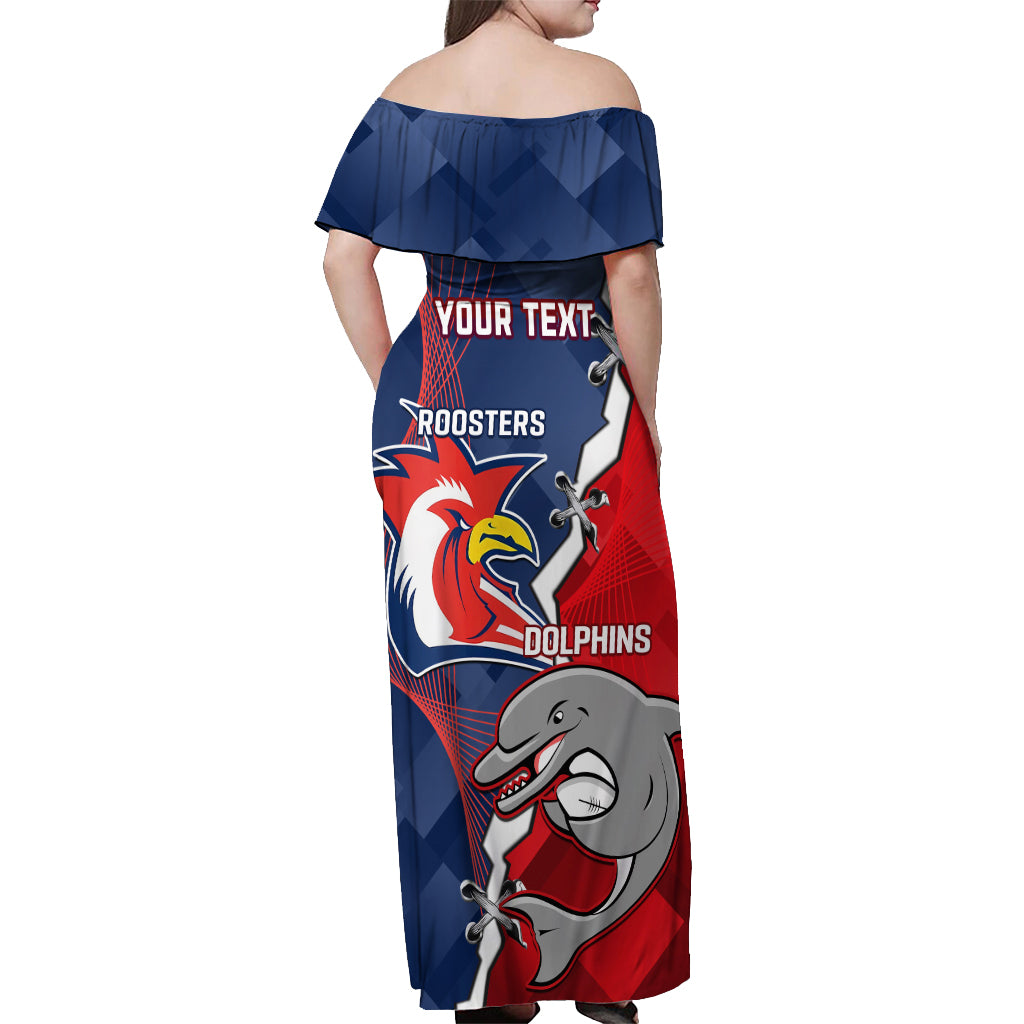 Personalised Dolphins And Roosters Rugby Off Shoulder Maxi Dress NRL Sporty Style