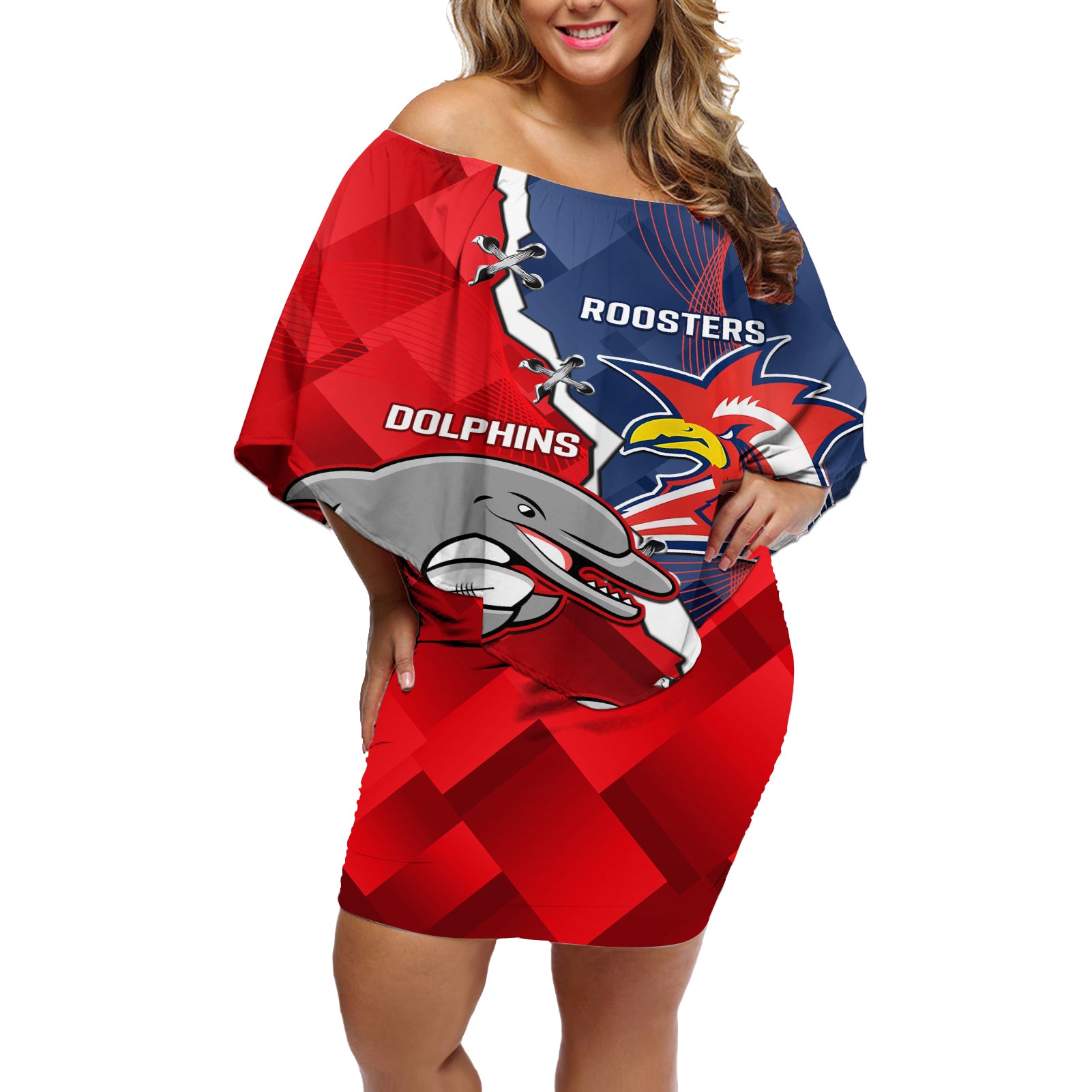 Personalised Dolphins And Roosters Rugby Off Shoulder Short Dress NRL Sporty Style