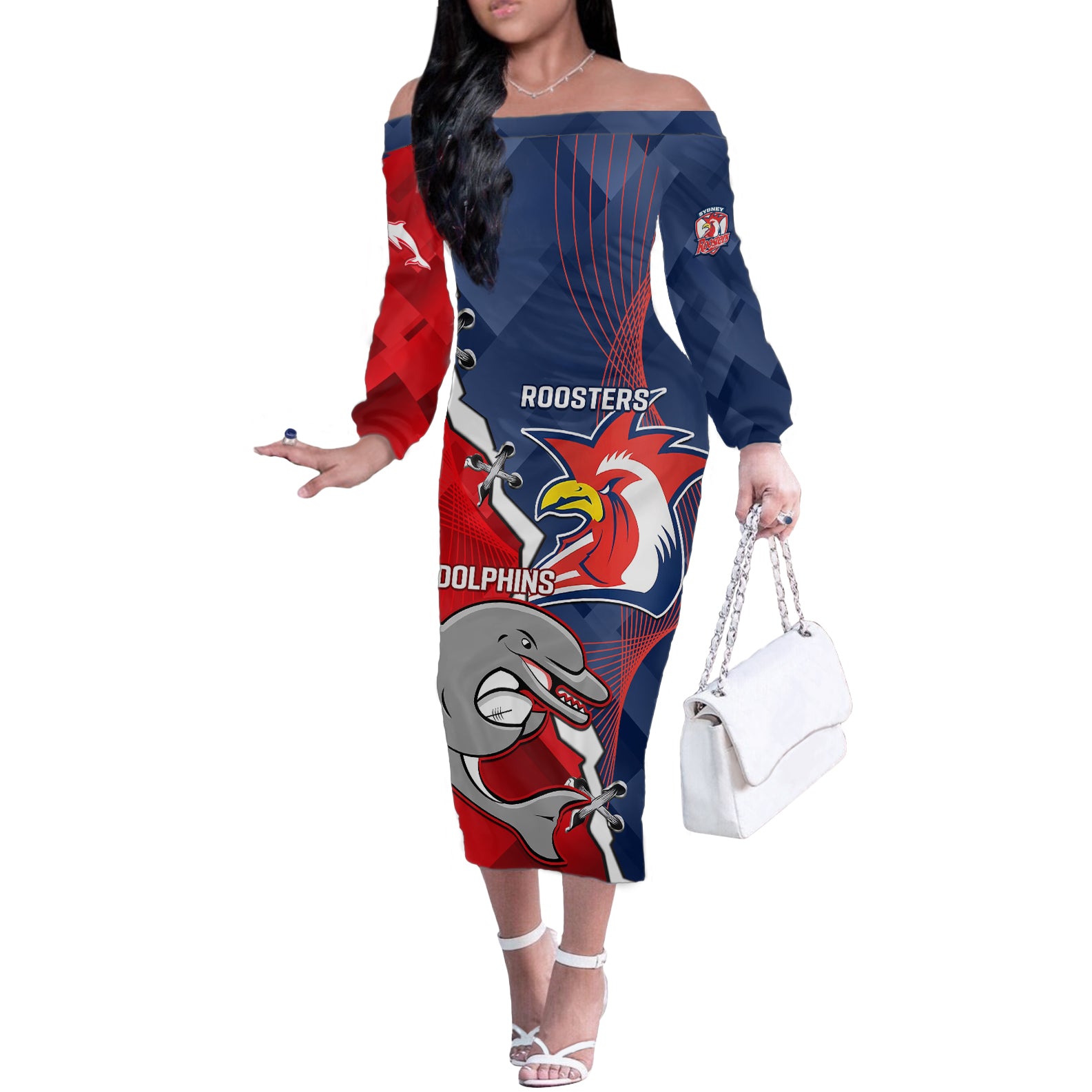 Personalised Dolphins And Roosters Rugby Off The Shoulder Long Sleeve Dress NRL Sporty Style