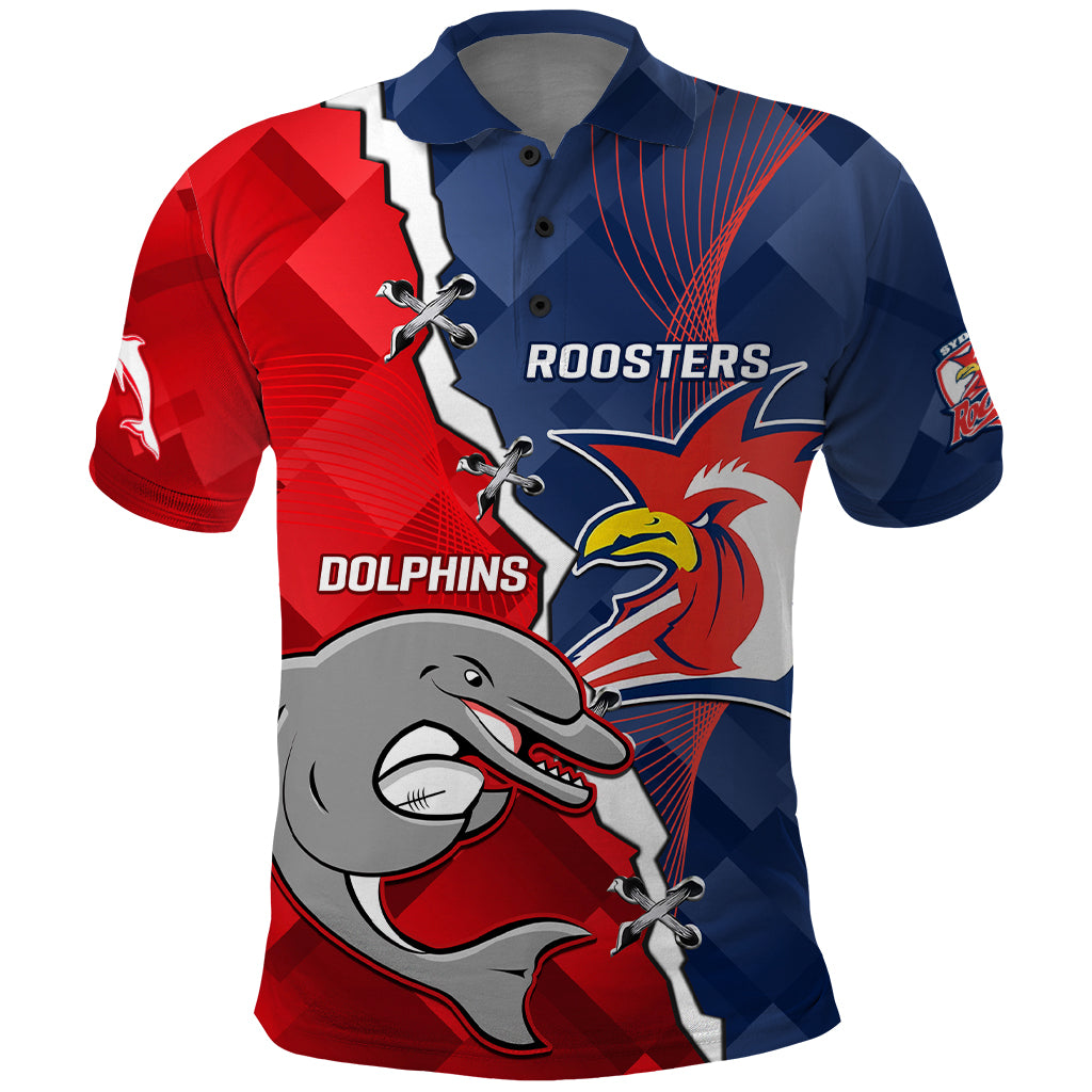 Personalised Dolphins And Roosters Rugby Polo Shirt NRL Sporty Style