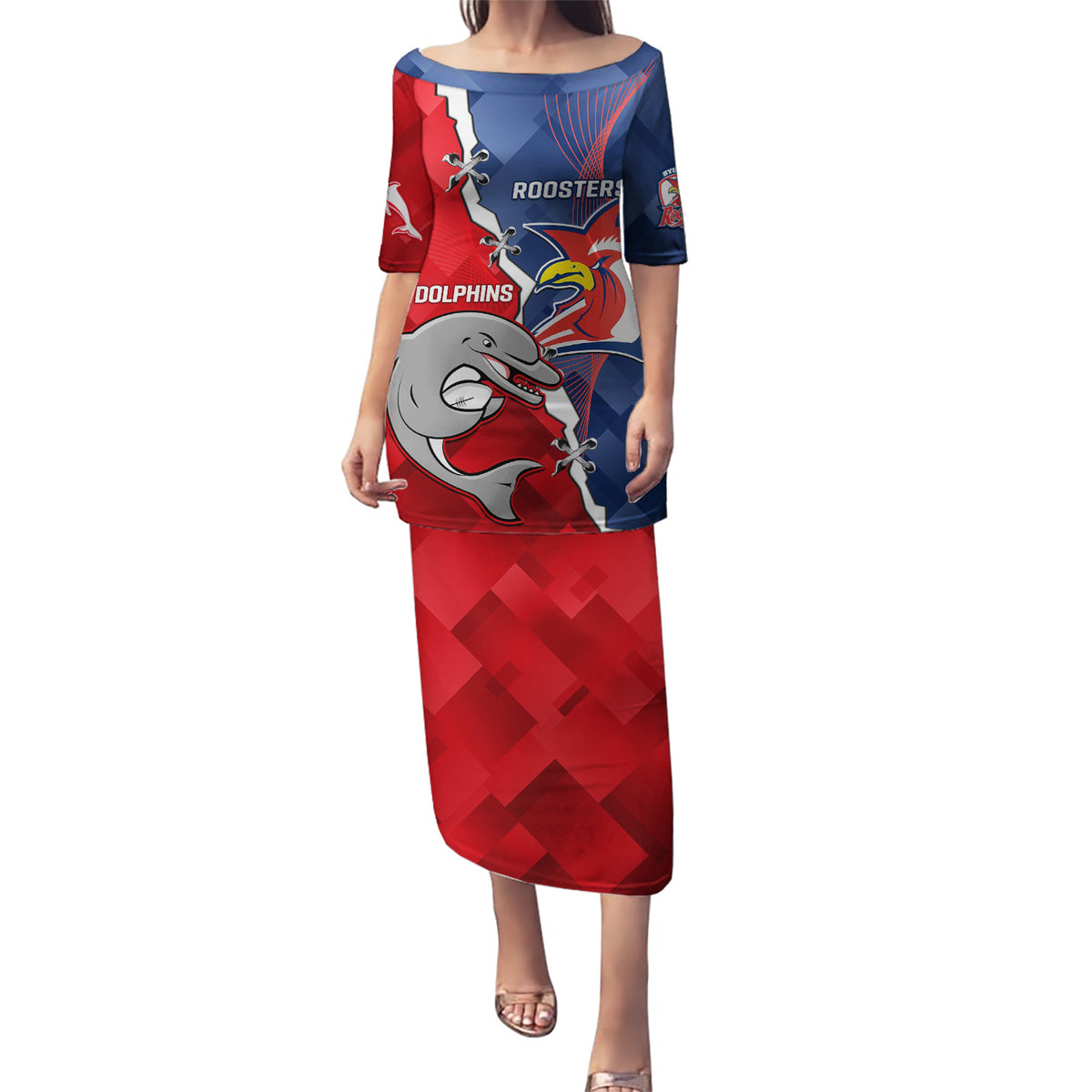 Personalised Dolphins And Roosters Rugby Puletasi NRL Sporty Style