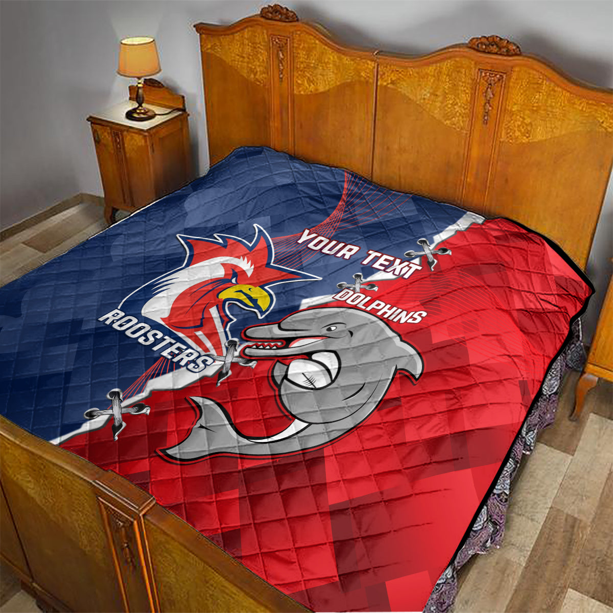 Personalised Dolphins And Roosters Rugby Quilt NRL Sporty Style
