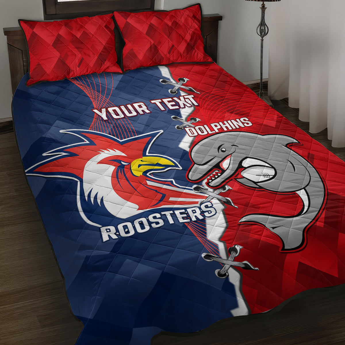 Personalised Dolphins And Roosters Rugby Quilt Bed Set NRL Sporty Style