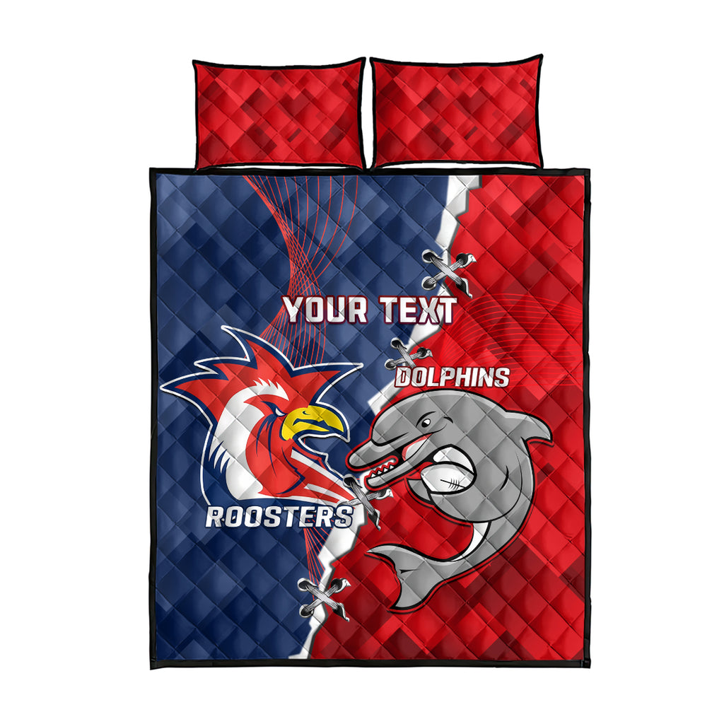 Personalised Dolphins And Roosters Rugby Quilt Bed Set NRL Sporty Style